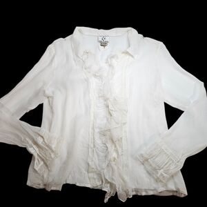 NEW VINTAGE ICE White Silk Sheer Ruffle Poet Blouse Top XL 90s Y2K